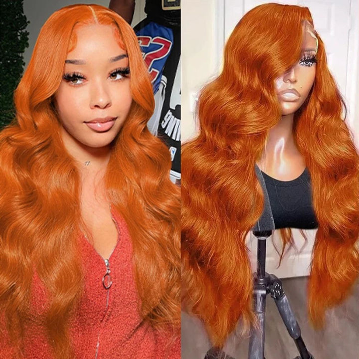 Lång Vågig Orange Ingwer Röd Lace Front Peruk