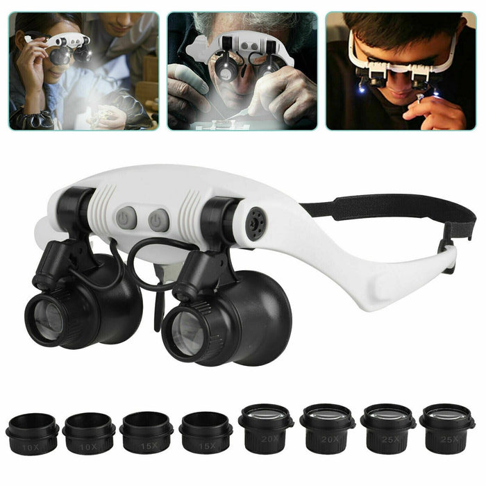 Huvudband Förstoringsglas 8 Linser LED Ljus Juvelerare Glasögon