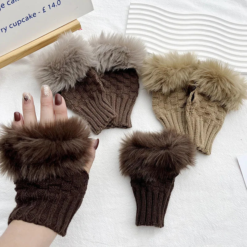 Faux Fur Fingerless Vinterhandskar Handvärmare
