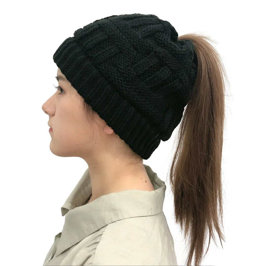 Kvinnors Vinter Stickad Beanie Hästsvans Stickad Mössa