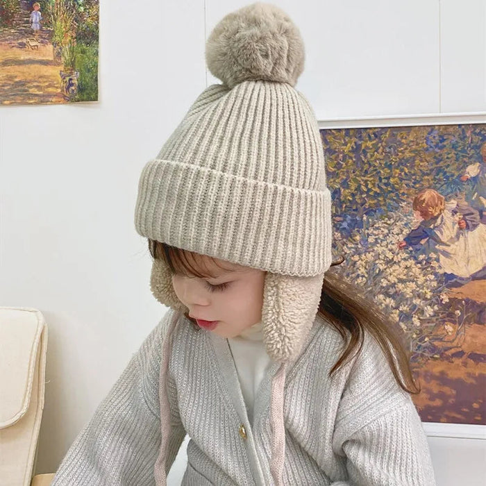 Barnens Stickade Beanie Vintermössa med Öronlappar