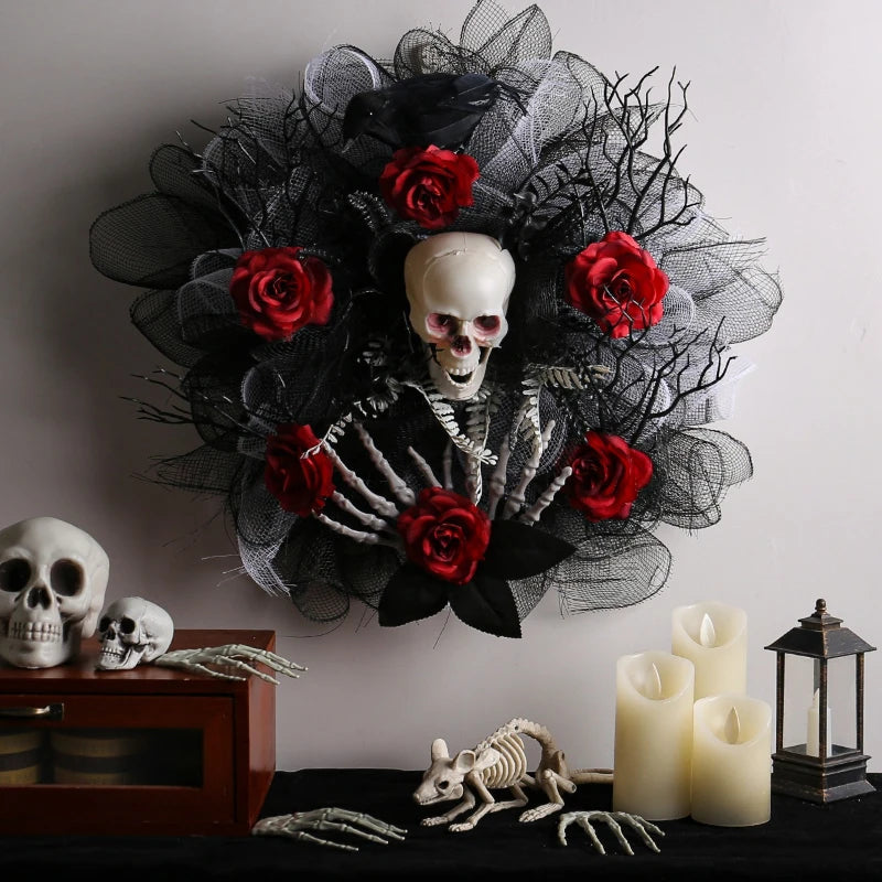 Halloween Girlang Röd Ros Skalle Framsidan Dörrkrans