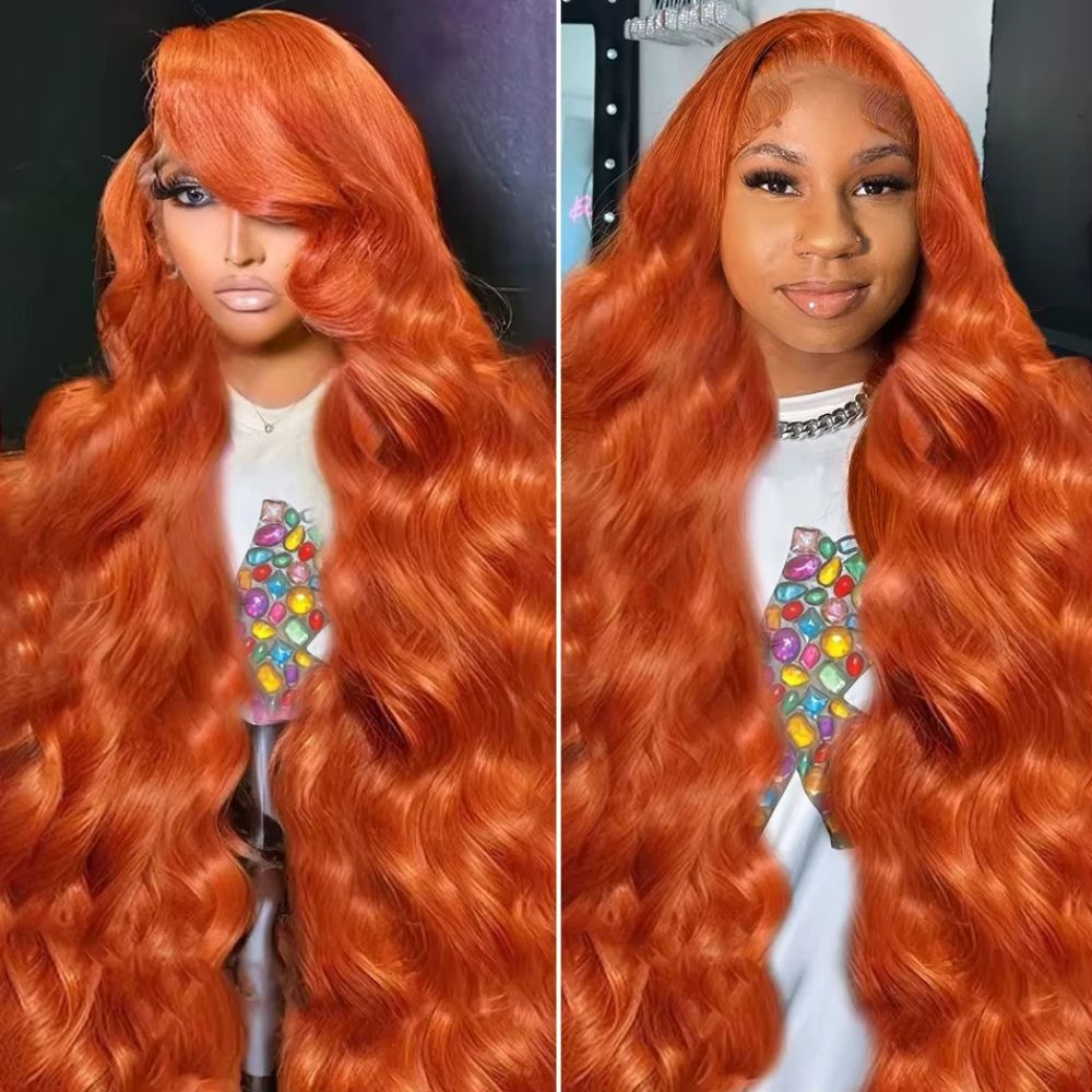 Lång Vågig Orange Ingwer Röd Lace Front Peruk