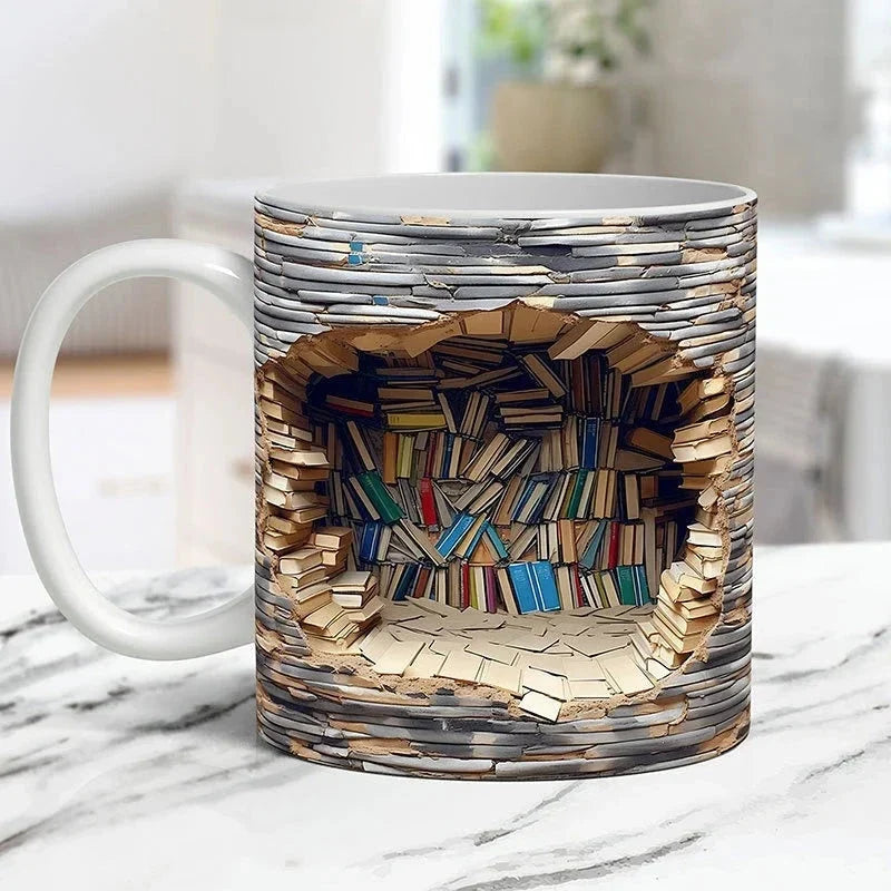 3D Bibliotek Bokhylla Mugg, Kaffemuggar Gåva för Bokälskare