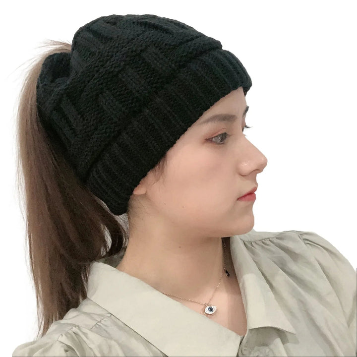 Kvinnors Vinter Stickad Beanie Hästsvans Stickad Mössa