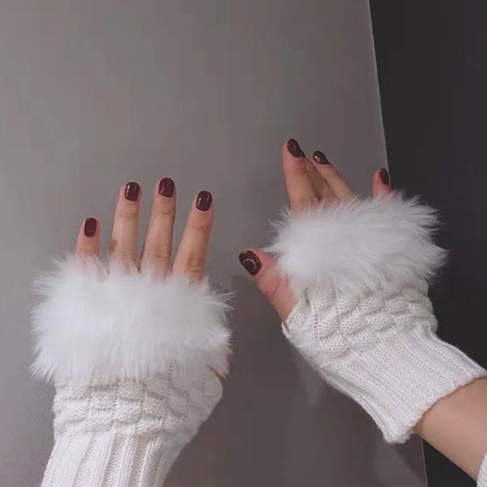 Faux Fur Fingerless Vinterhandskar Handvärmare