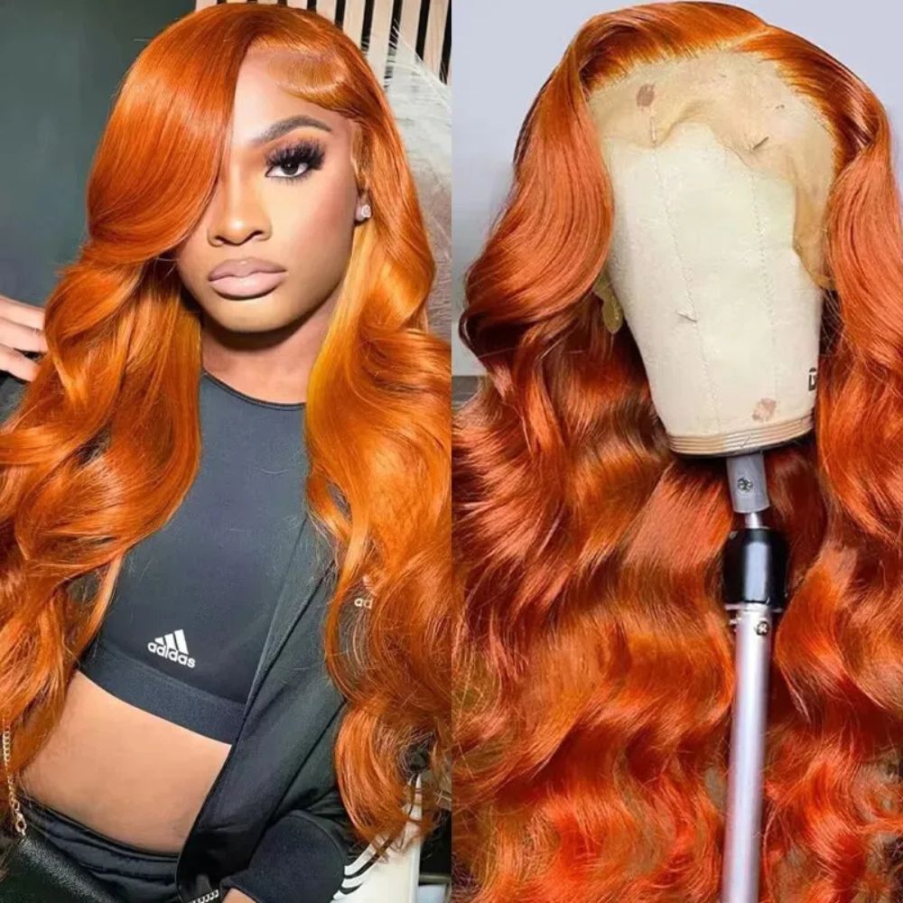Lång Vågig Orange Ingwer Röd Lace Front Peruk
