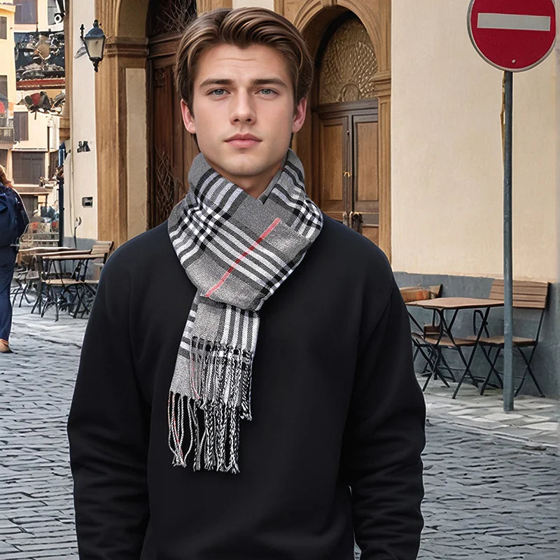 Lyxig Rutig Cashmere Vinterhalsduk för Män
