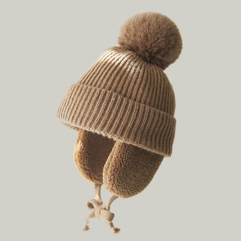 Barnens Stickade Beanie Vintermössa med Öronlappar