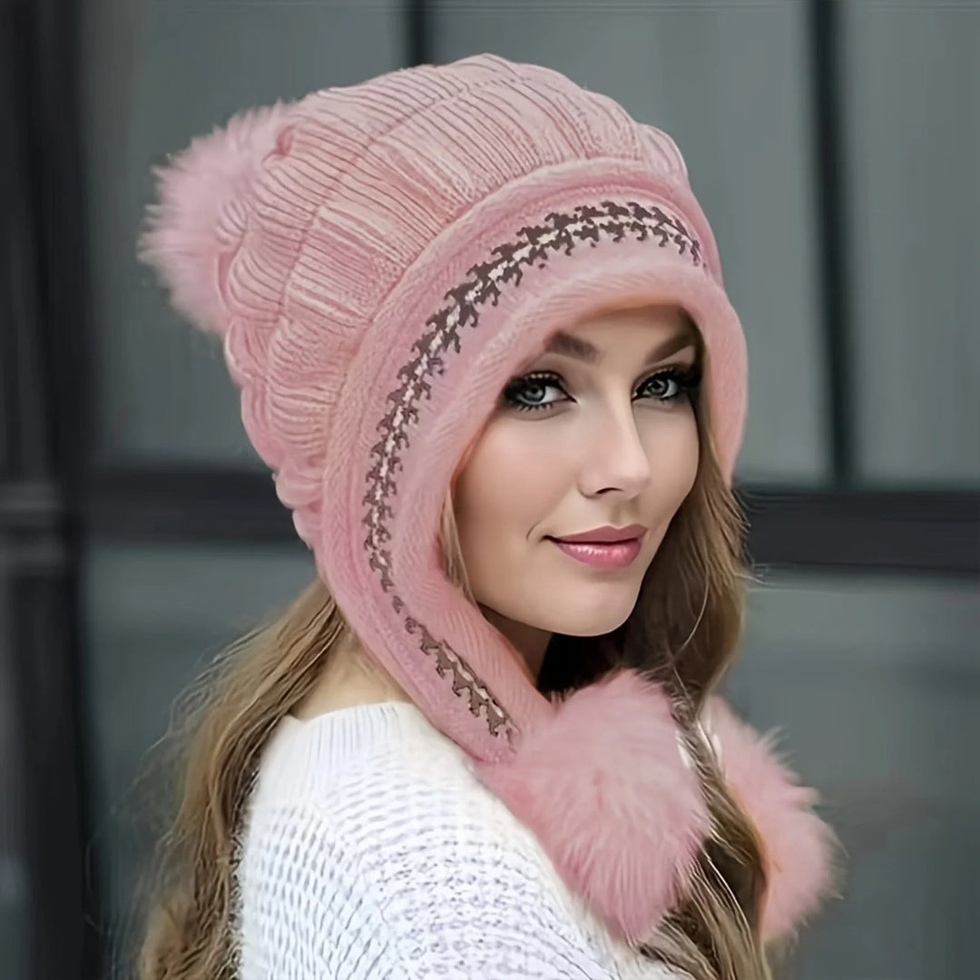 Fleecefodrad vintermössa med faux päls pom pom