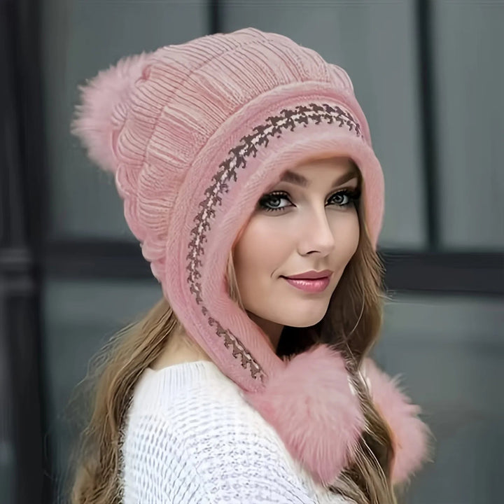 Fleecefodrad vintermössa med faux päls pom pom