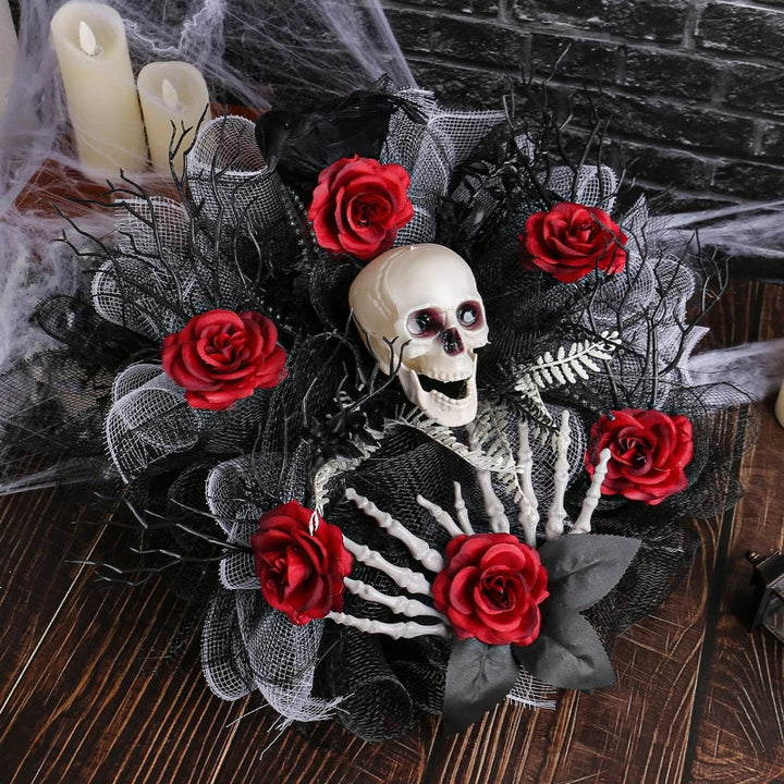 Halloween Girlang Röd Ros Skalle Framsidan Dörrkrans