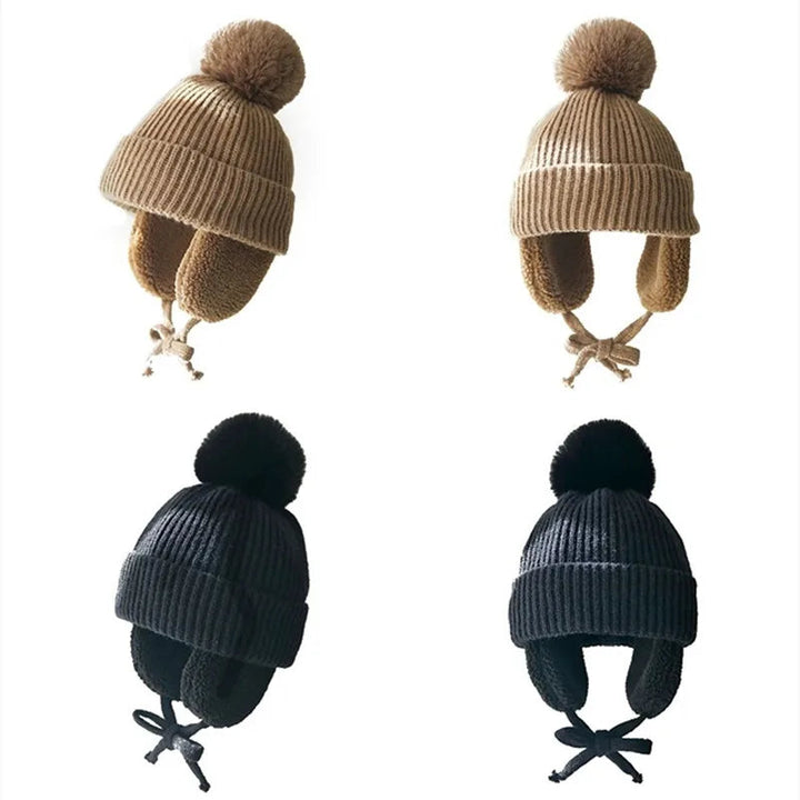 Barnens Stickade Beanie Vintermössa med Öronlappar