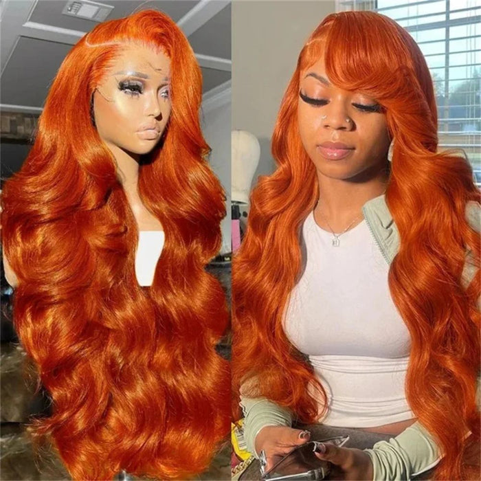 Lång Vågig Orange Ingwer Röd Lace Front Peruk