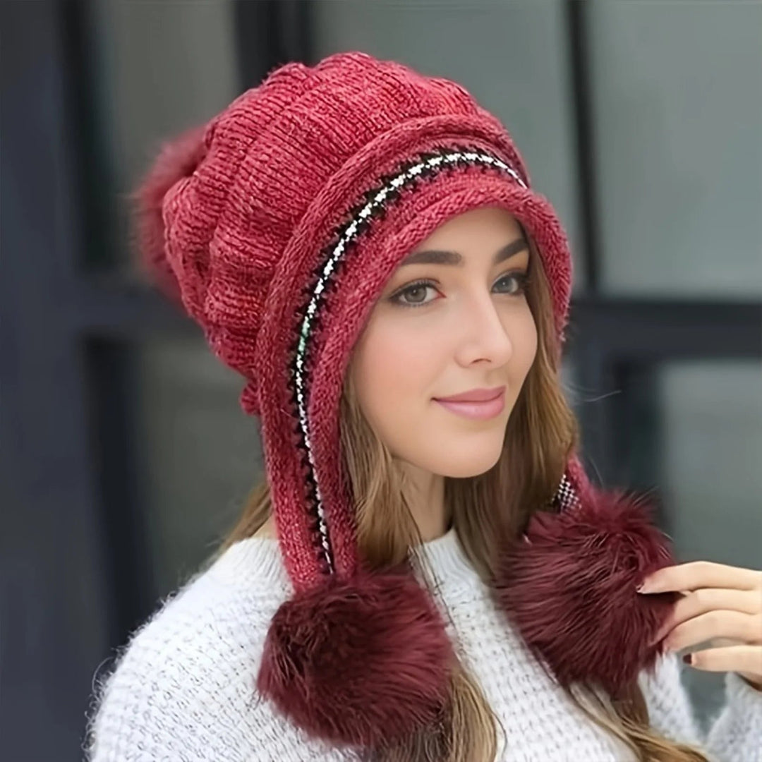 Fleecefodrad vintermössa med faux päls pom pom