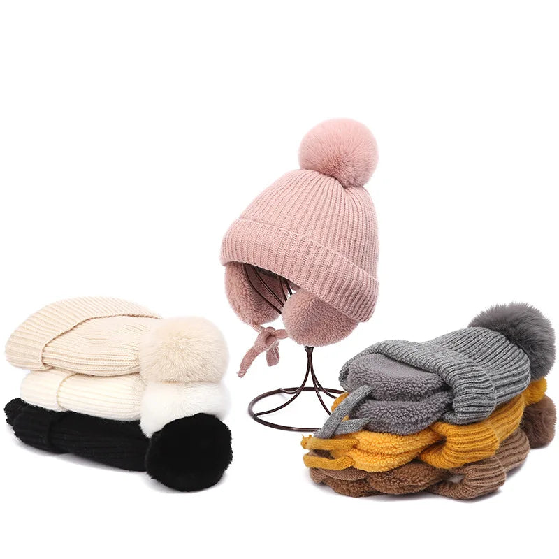 Barnens Stickade Beanie Vintermössa med Öronlappar