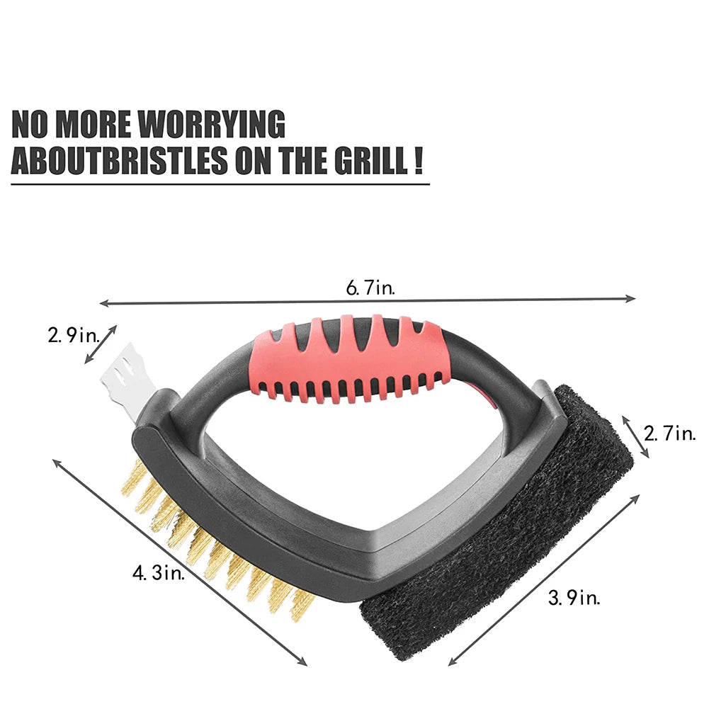 3 i 1 Grillborste med Messingborst och Skrapa