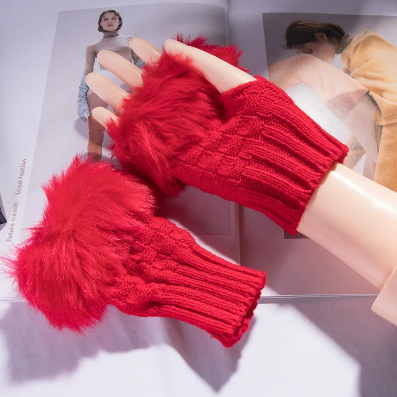 Faux Fur Fingerless Vinterhandskar Handvärmare