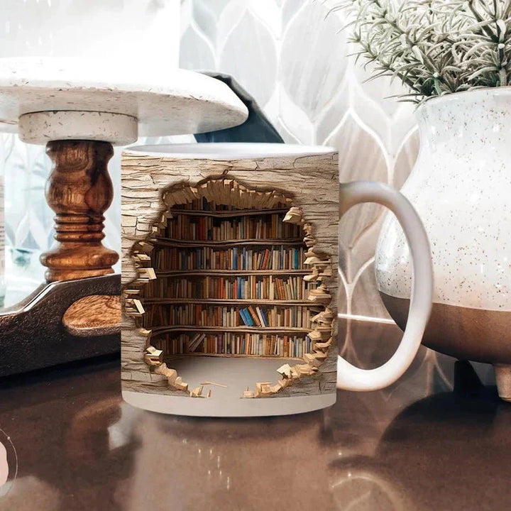 3D Bibliotek Bokhylla Mugg, Kaffemuggar Gåva för Bokälskare