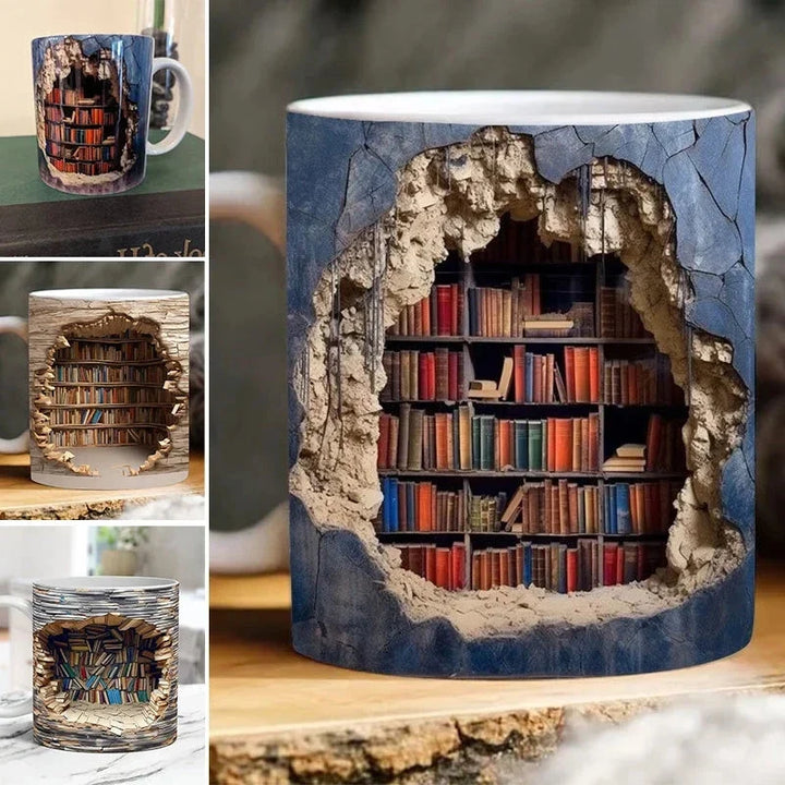 3D Bibliotek Bokhylla Mugg, Kaffemuggar Gåva för Bokälskare