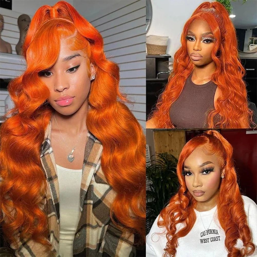 Lång Vågig Orange Ingwer Röd Lace Front Peruk