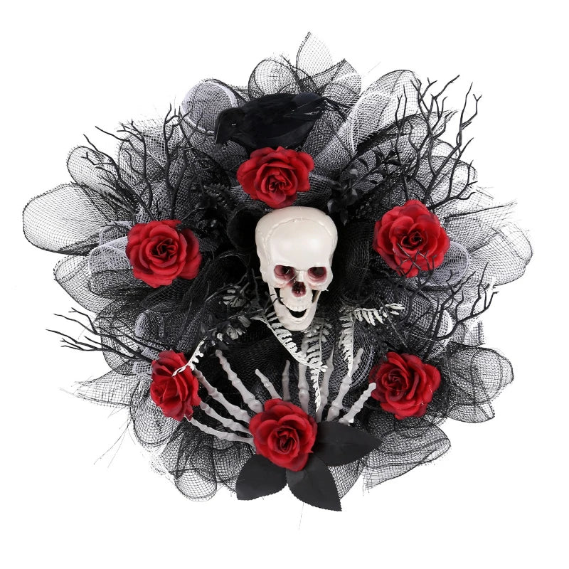 Halloween Girlang Röd Ros Skalle Framsidan Dörrkrans