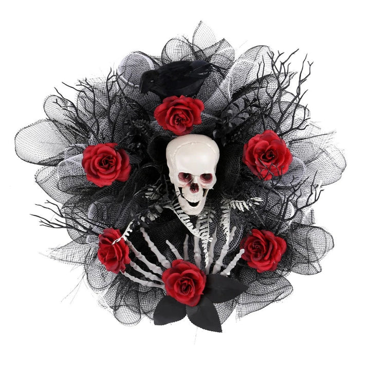 Halloween Girlang Röd Ros Skalle Framsidan Dörrkrans