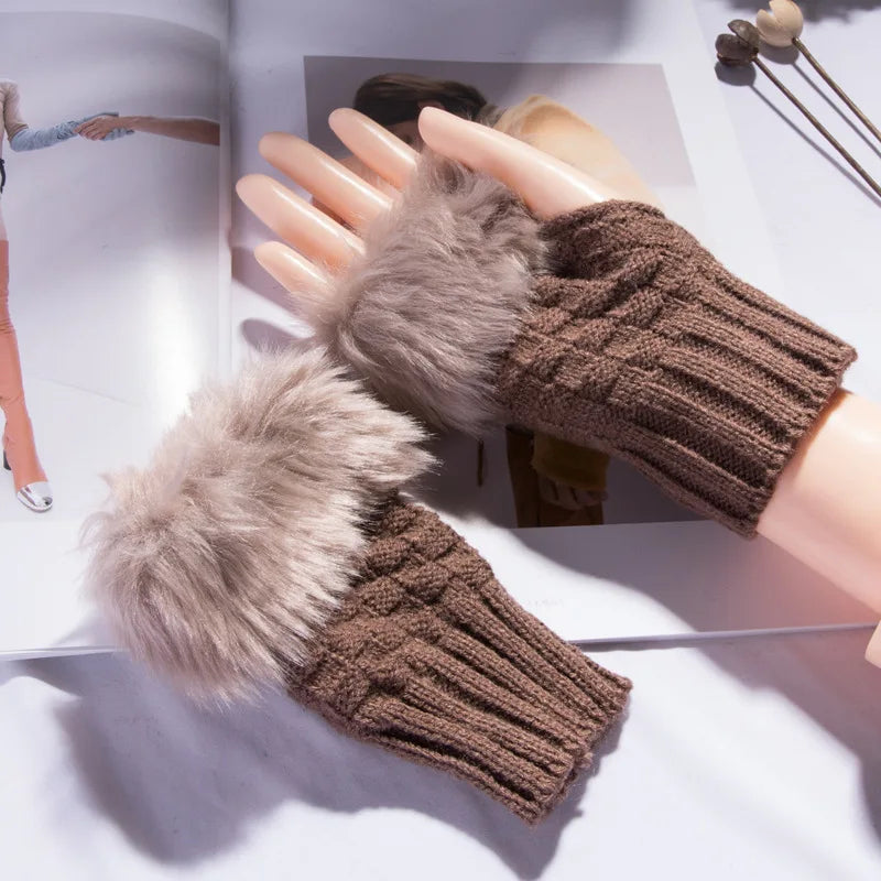 Faux Fur Fingerless Vinterhandskar Handvärmare
