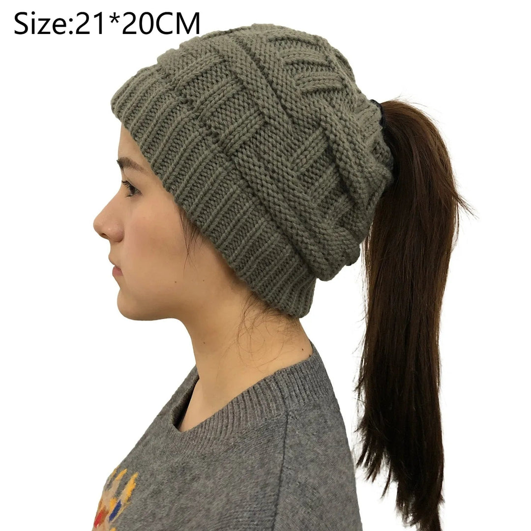 Kvinnors Vinter Stickad Beanie Hästsvans Stickad Mössa