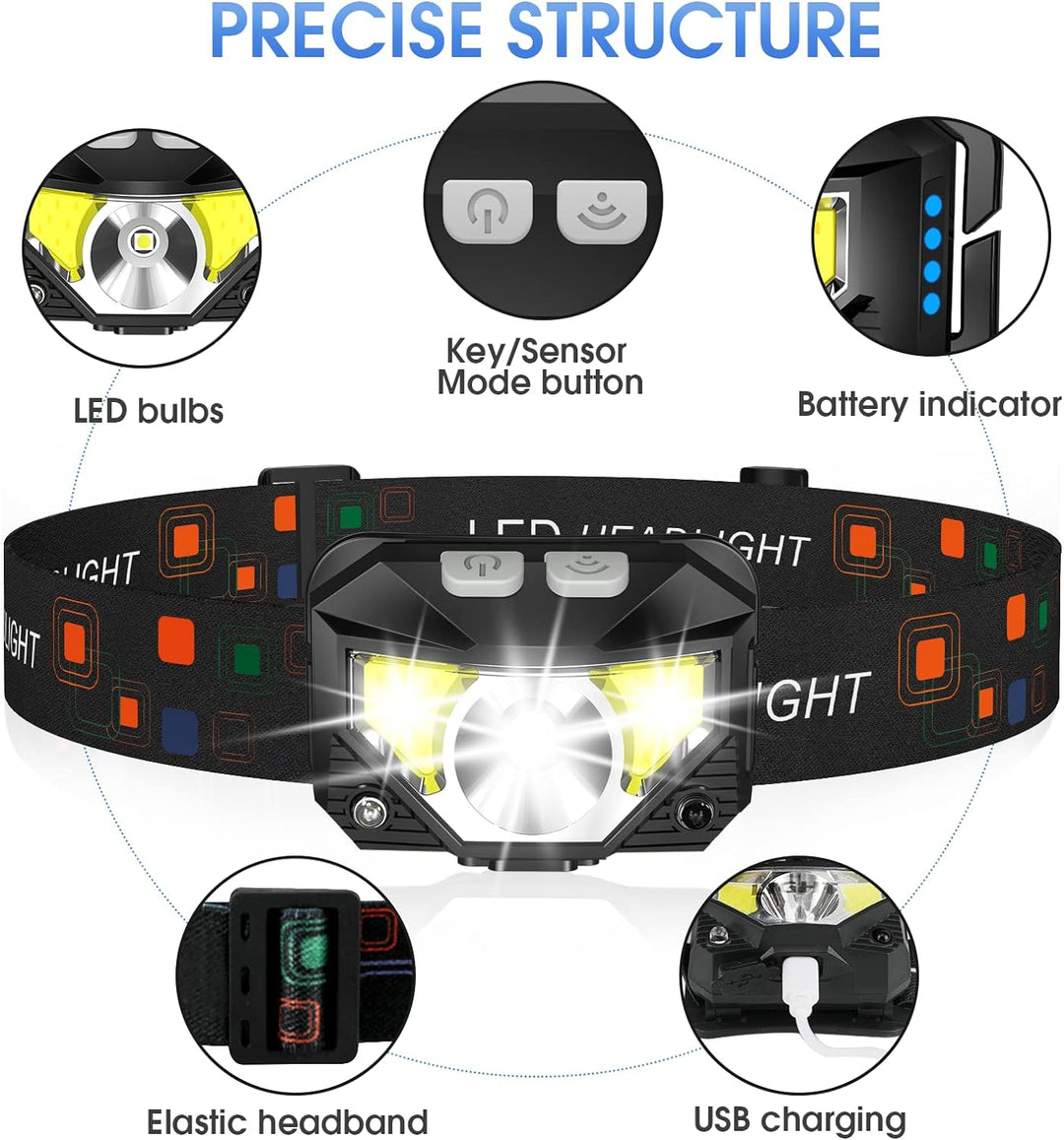 2-Pack Ultra-Bright LED Uppladdningsbar Huvudlampa Ficklampa Vattentålig Med Rörelsesensor
