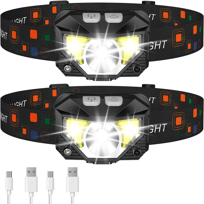 2-Pack Ultra-Bright LED Uppladdningsbar Huvudlampa Ficklampa Vattentålig Med Rörelsesensor