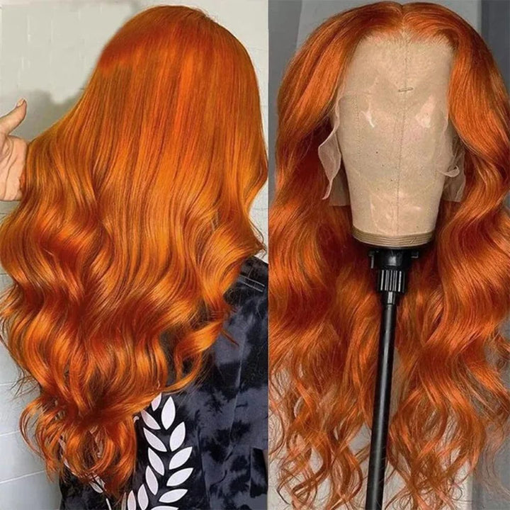 Lång Vågig Orange Ingwer Röd Lace Front Peruk