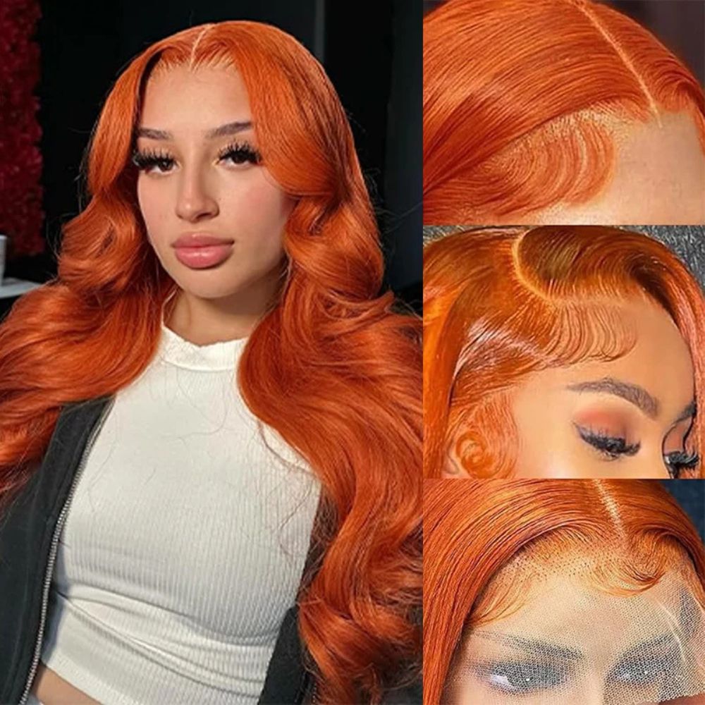 Lång Vågig Orange Ingwer Röd Lace Front Peruk