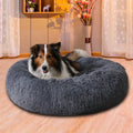 Hund ligger i fluffig rund bädd