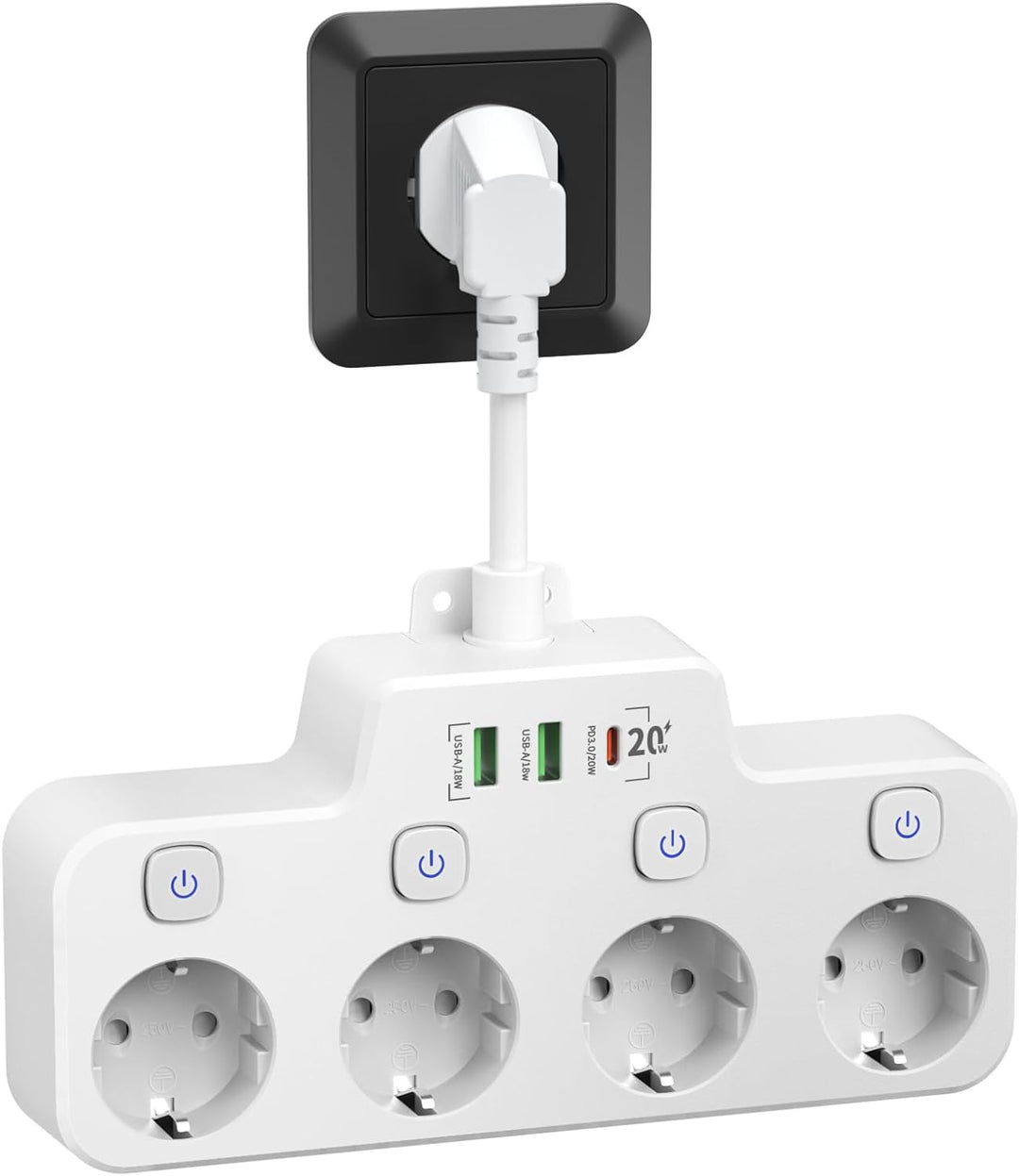 Väggmonterad Grenuttag Med Oberoende Strömbrytare - 2 USB A Och 1 USB C