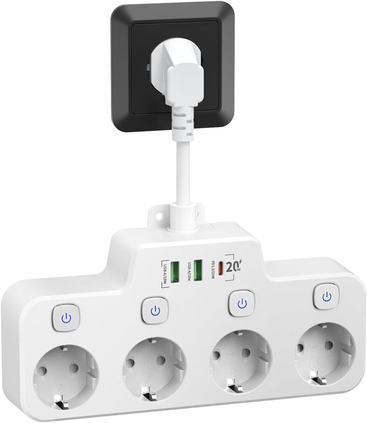 Väggmonterad Grenuttag Med Oberoende Strömbrytare - 2 USB A Och 1 USB C
