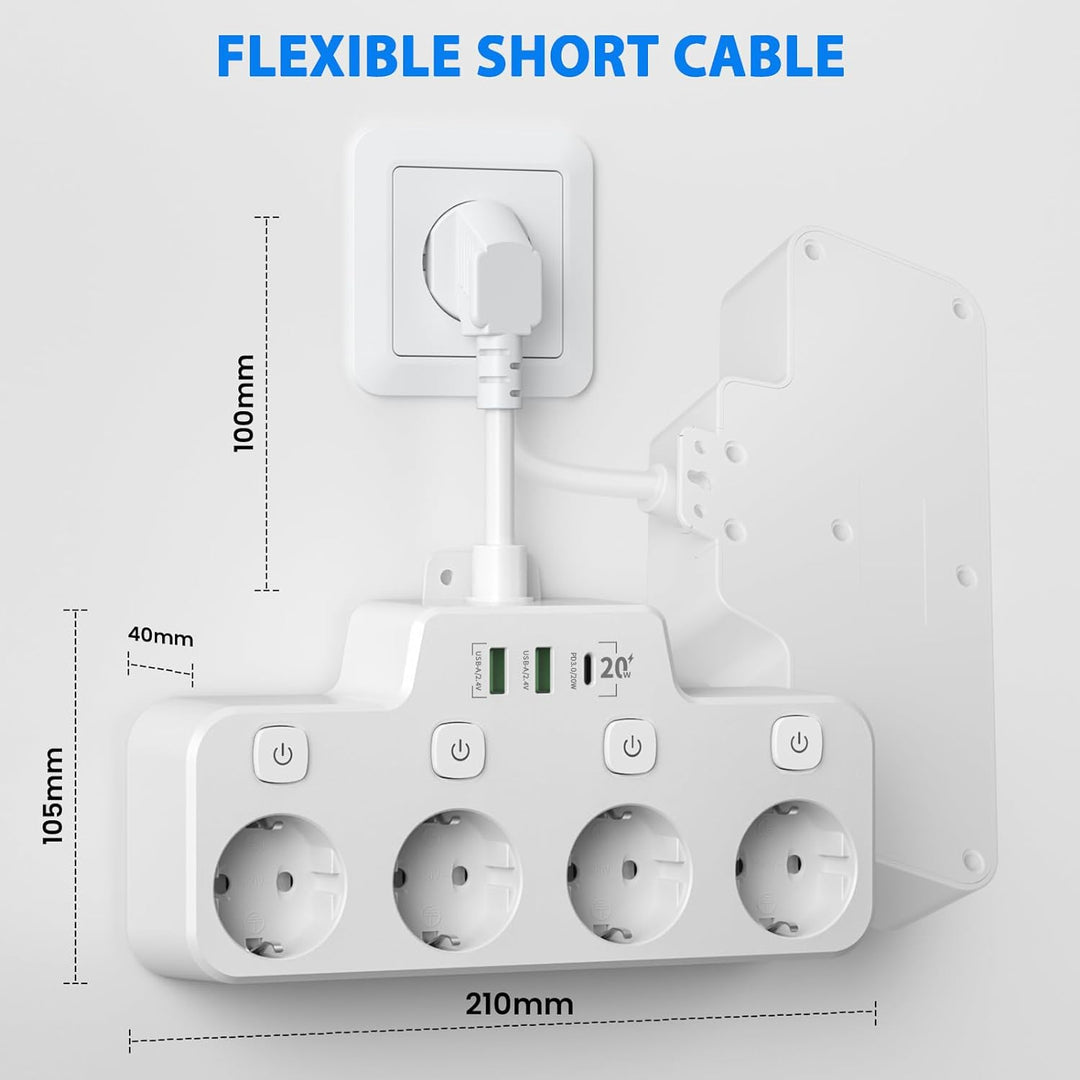 Väggmonterad Grenuttag Med Oberoende Strömbrytare - 2 USB A Och 1 USB C
