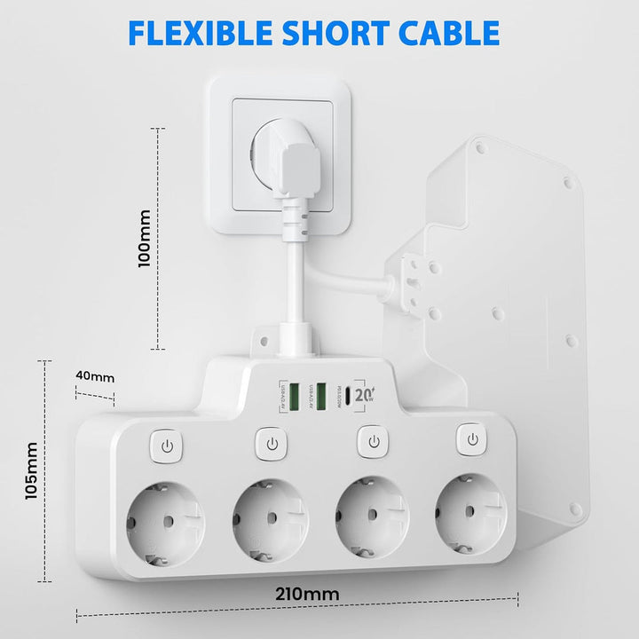 Väggmonterad Grenuttag Med Oberoende Strömbrytare - 2 USB A Och 1 USB C