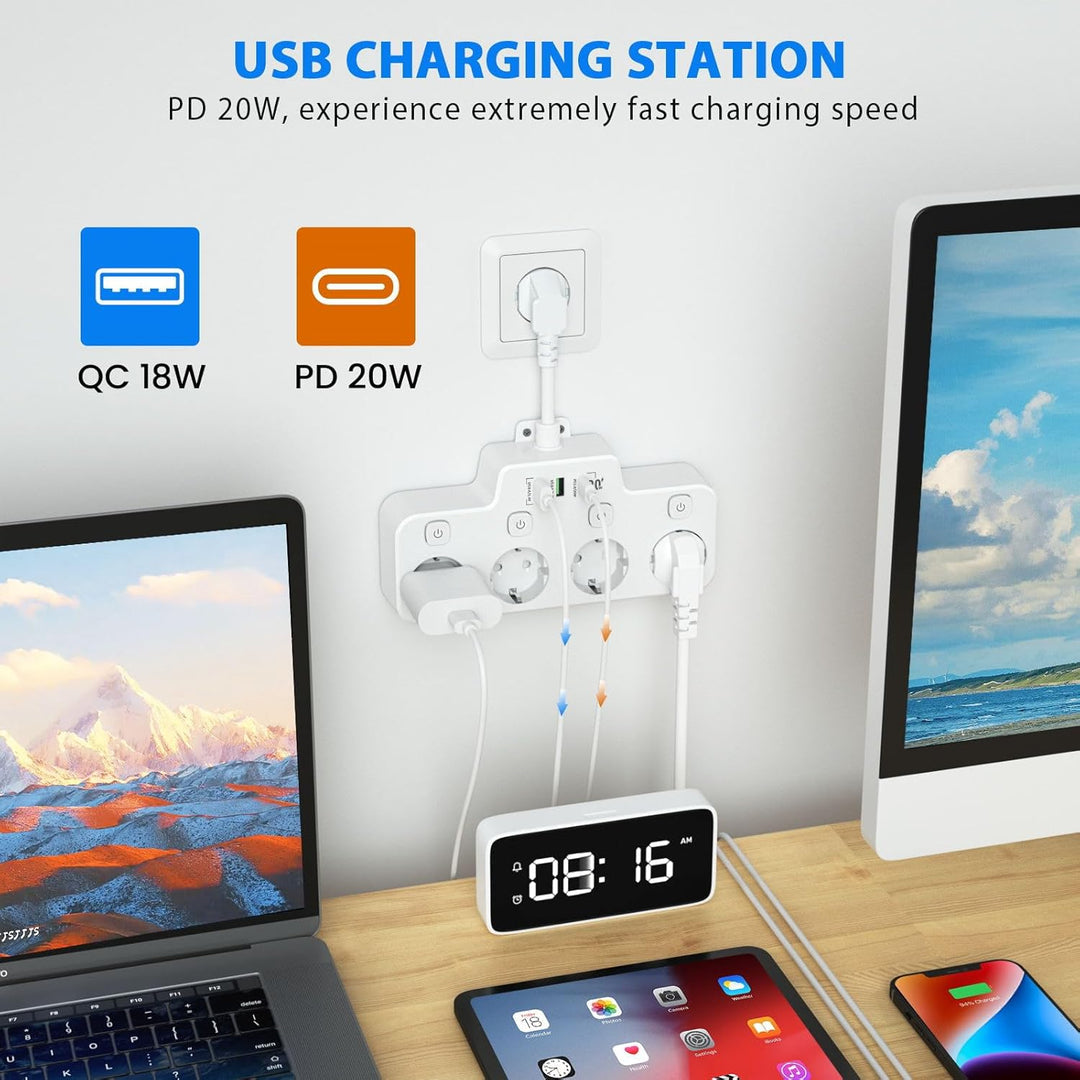 Väggmonterad Grenuttag Med Oberoende Strömbrytare - 2 USB A Och 1 USB C