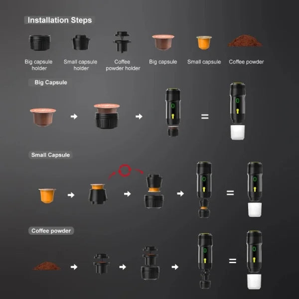 Trådlös Espresso Kaffemaskin Bärbar 3 i 1 Kaffebryggare med Kapsel och Pulver