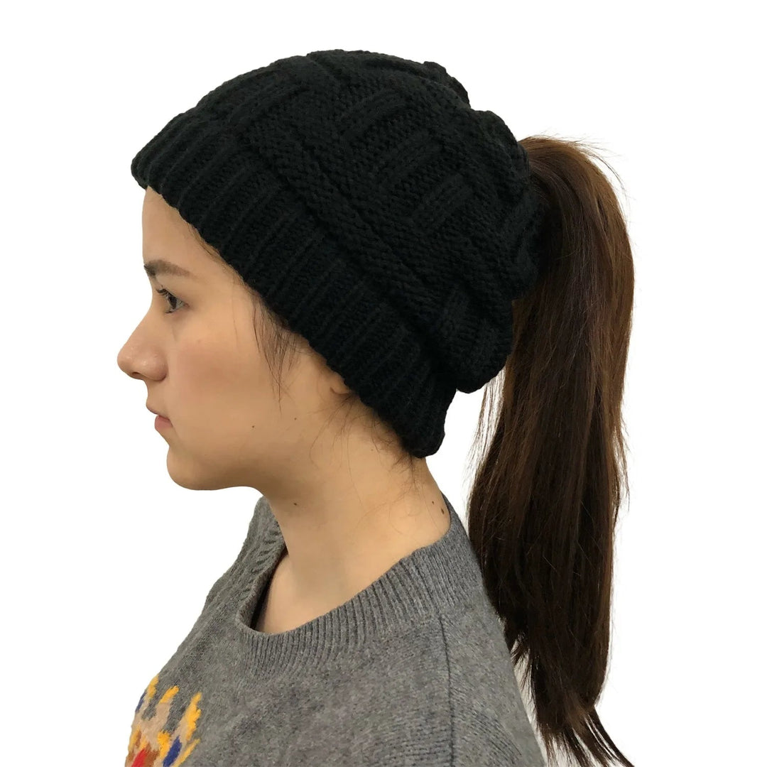Kvinnors Vinter Stickad Beanie Hästsvans Stickad Mössa