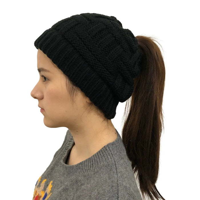 Kvinnors Vinter Stickad Beanie Hästsvans Stickad Mössa
