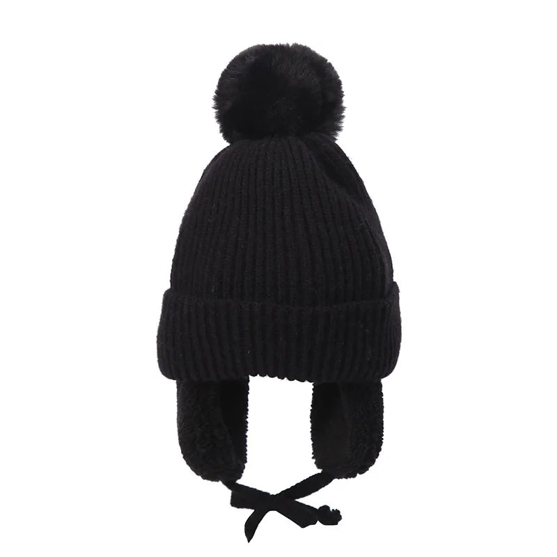 Barnens Stickade Beanie Vintermössa med Öronlappar