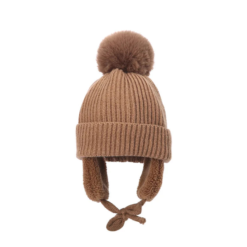 Barnens Stickade Beanie Vintermössa med Öronlappar