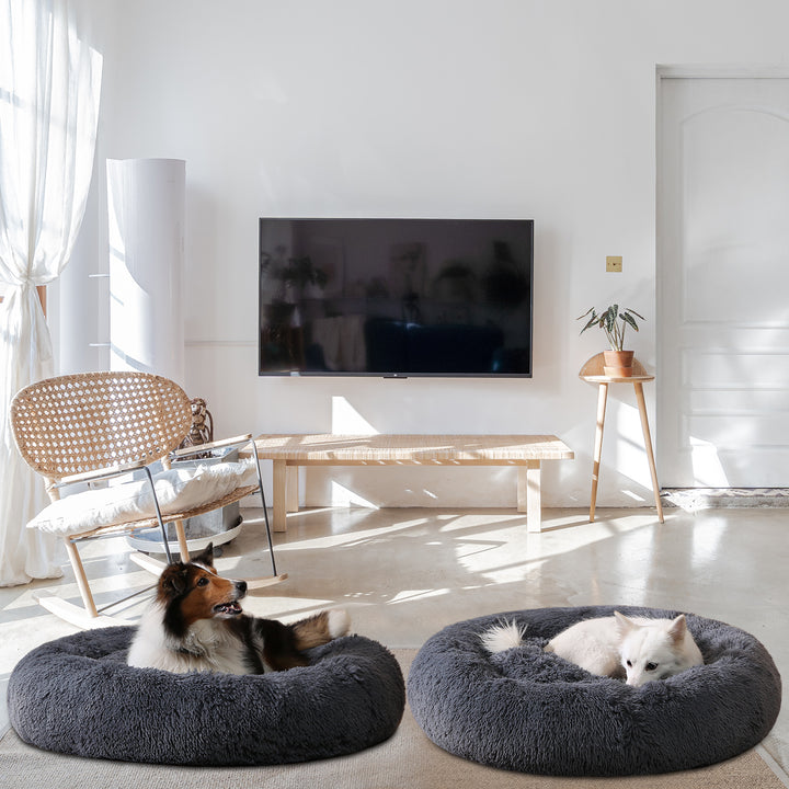 Hund ligger i fluffig rund bädd
