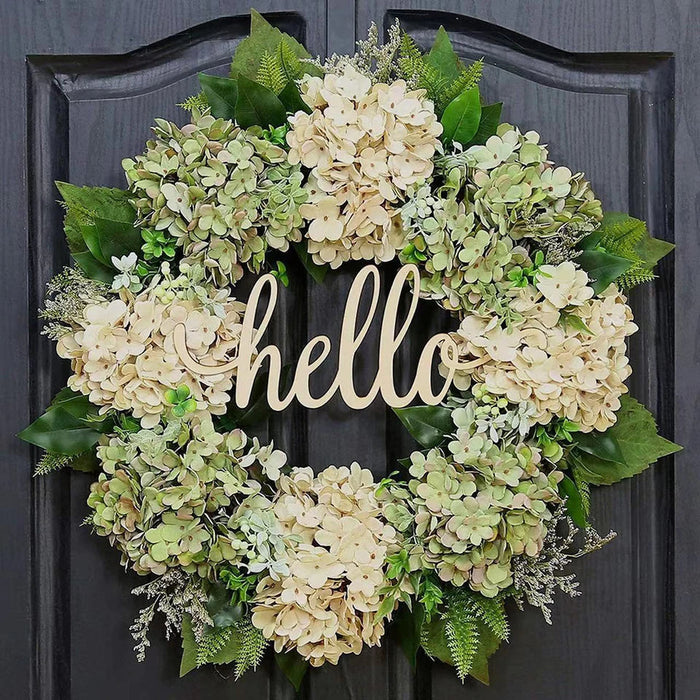 Grön Hortensia Krans Med Hej Skylt