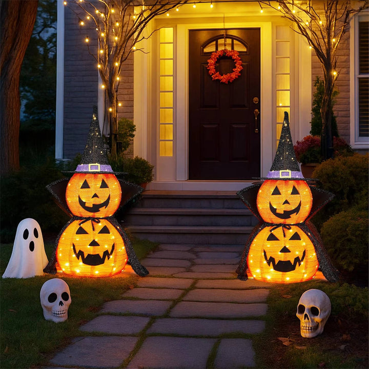 2 Pcs 3ft Halloween Fällbar Belyst In/Utomhus Pumpa Trädgårdsdekoration