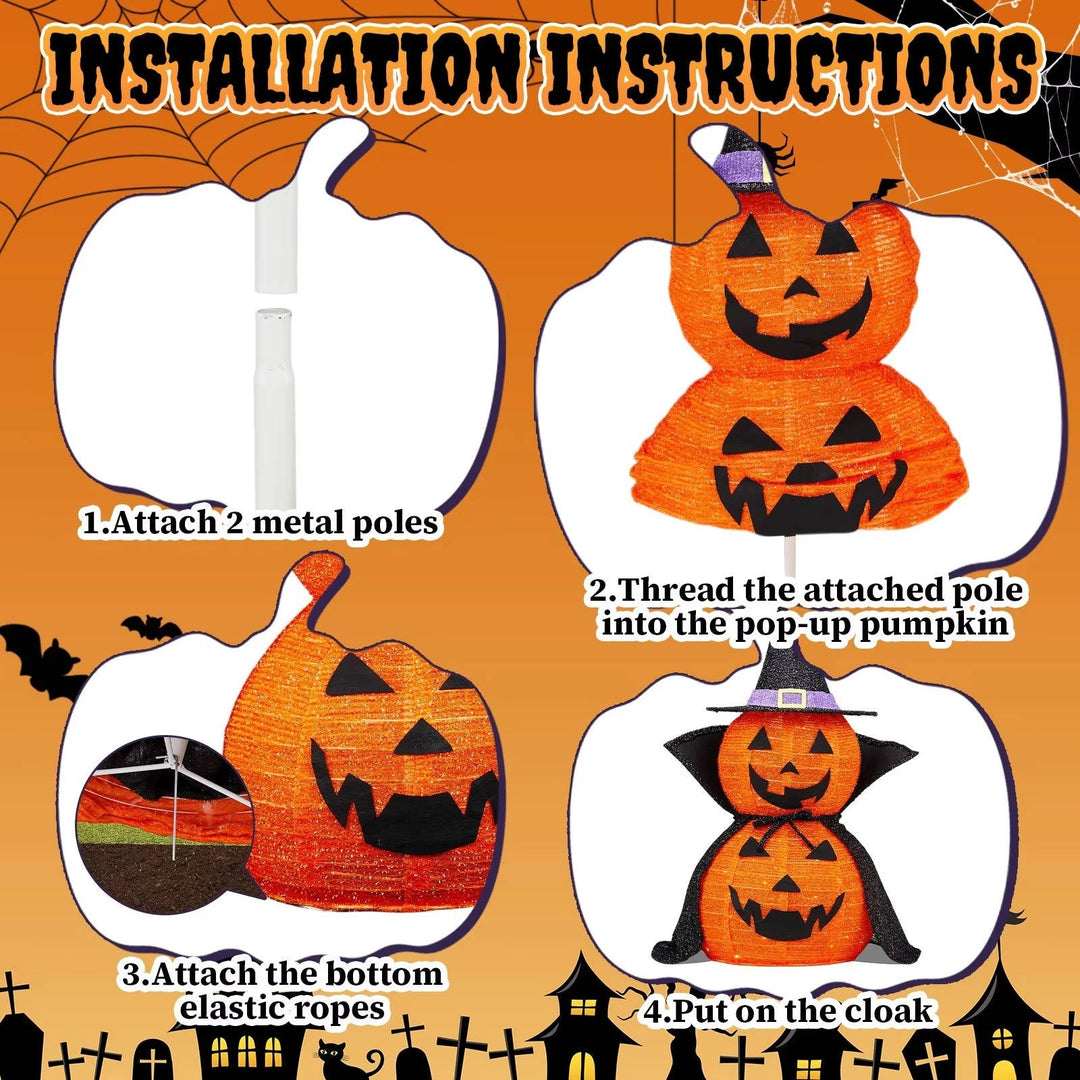 2 Pcs 3ft Halloween Fällbar Belyst In/Utomhus Pumpa Trädgårdsdekoration