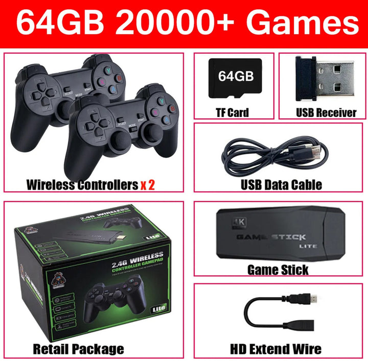 HDMI 4K TV Spel Stick Konsol | 64GB med 20,000+ Retro Spel &amp; 2 Trådlösa Spelkontroller