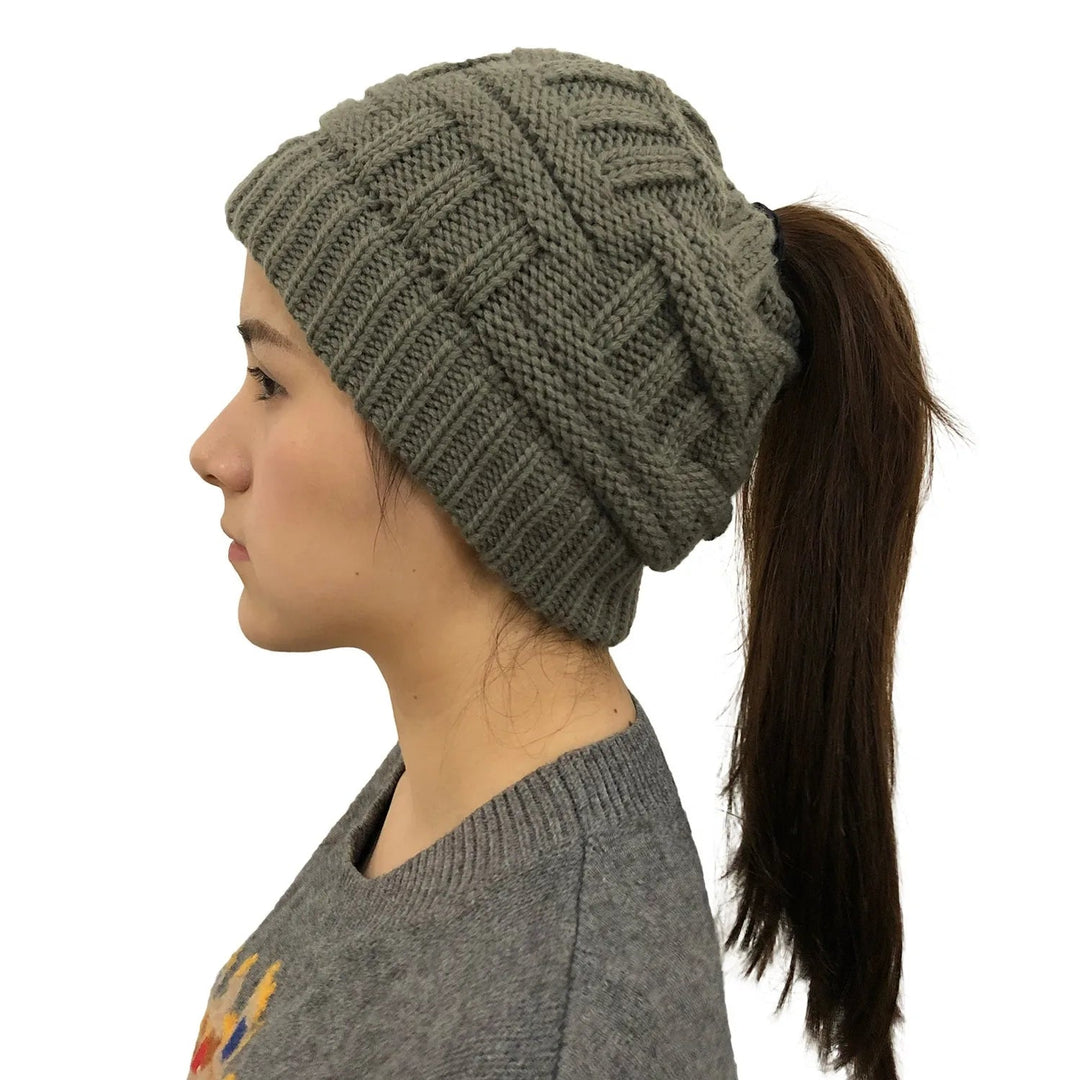 Kvinnors Vinter Stickad Beanie Hästsvans Stickad Mössa